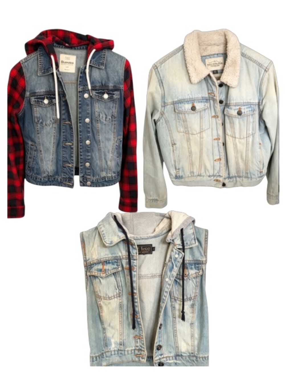 Denim Jackets Bundle of 3 - Bluenotes Plaid, Sherpa Collar & Hooded Vest (S-M)